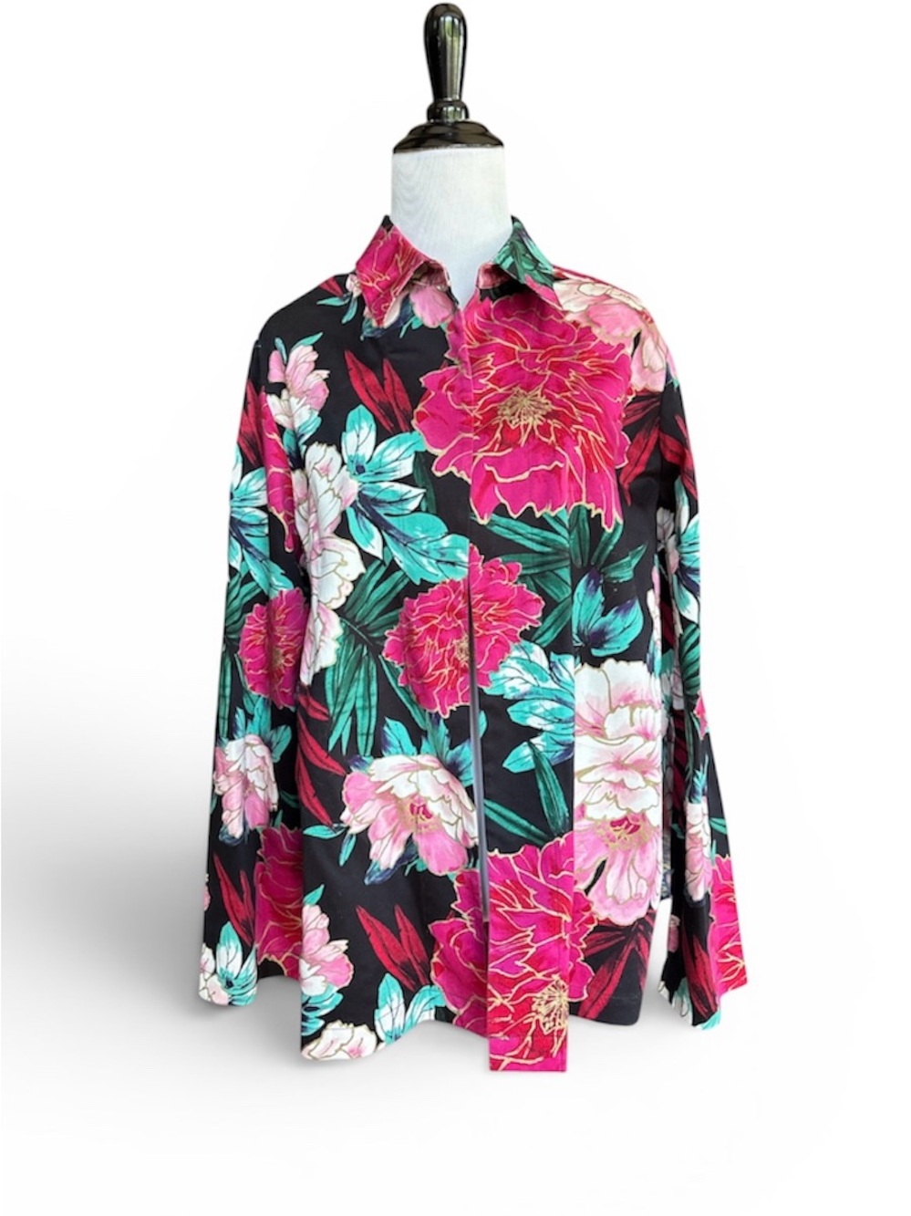 Chico's Black Floral No Button Jacket Vibrant Pink,Teal & Gold Blooms